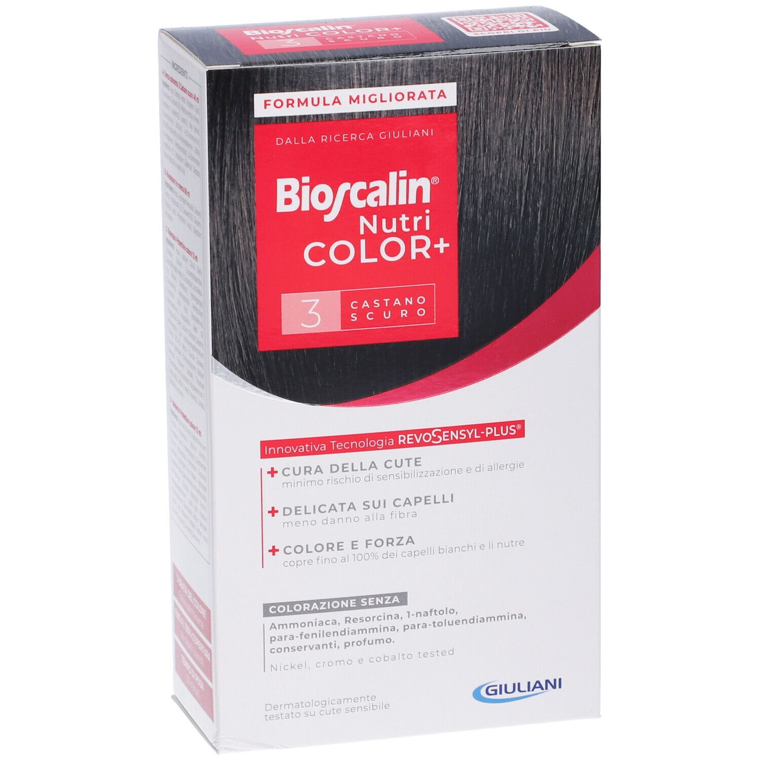Bioscalin Nutri COLOR+ 3 Castano Scuro. Confezione di tinta per capelli. Scritta rossa e bianca. Logo Giuliani.