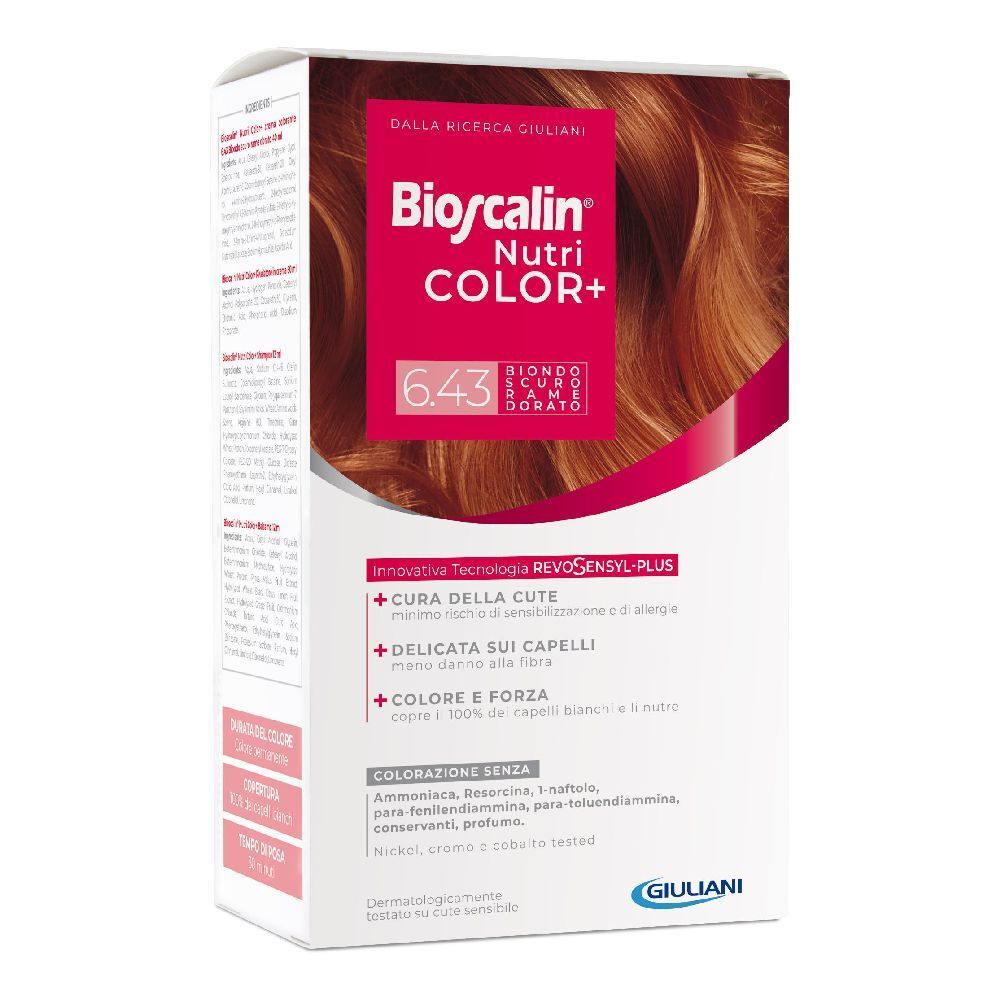 Boîte de Bioscalin Nutri COLOR+ 6.43 Kastanie. Emballage rouge avec nom du produit et nuance. Logo Giuliani en bas.