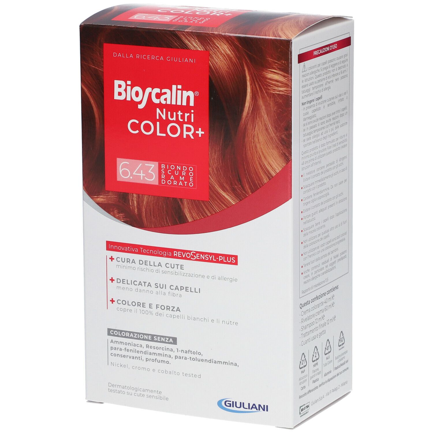 Boîte de Bioscalin Nutri COLOR+ 6.43 Kastanie. Emballage rouge avec nom et nuance. Logo Giuliani.
