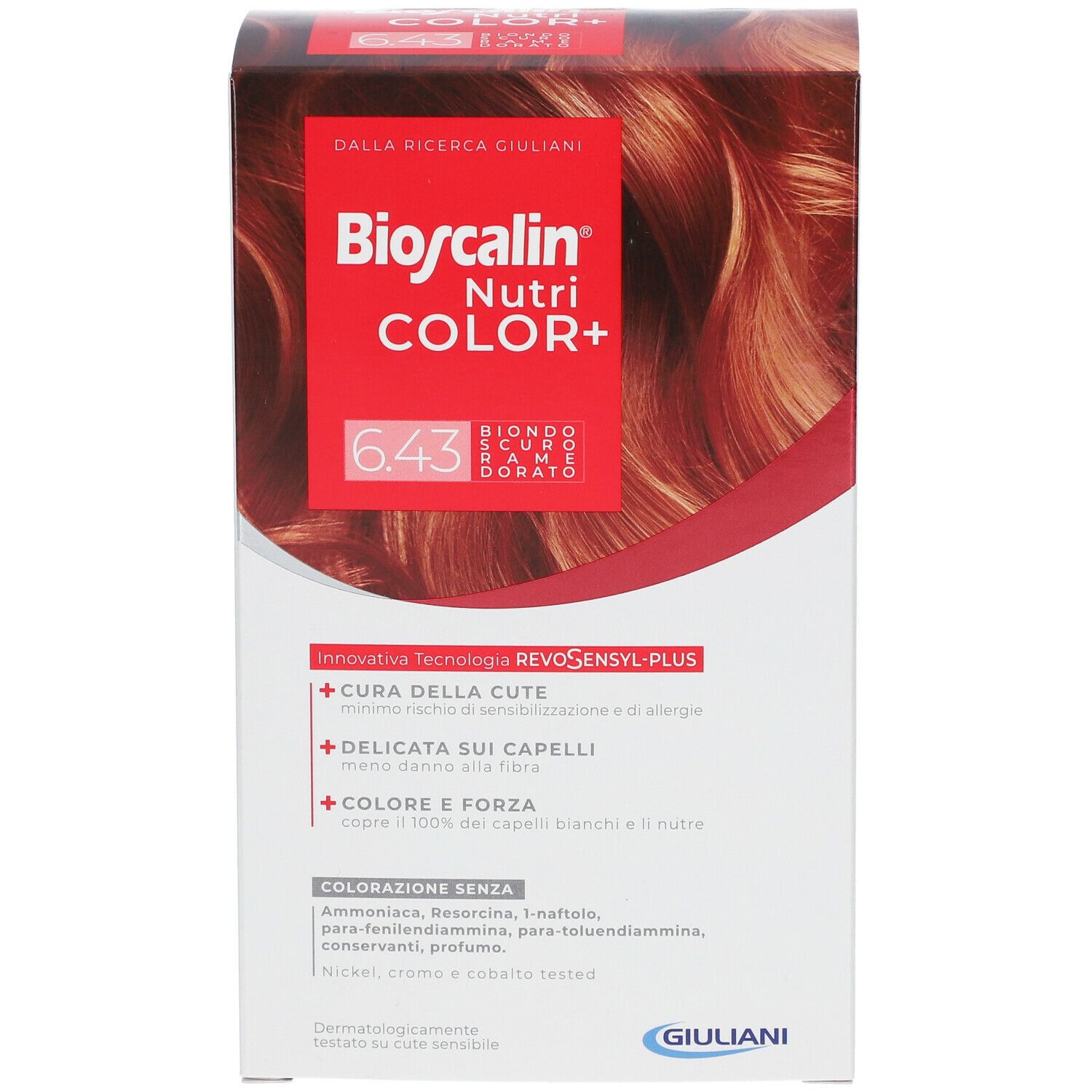Face avant de la boîte Bioscalin Nutri COLOR+ 6.43 Kastanie. Nom du produit, nuance et logo Giuliani.