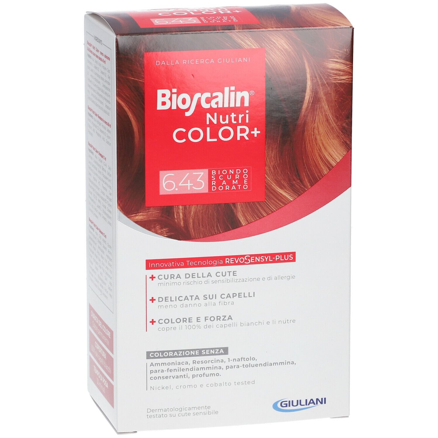 Face avant de la boîte Bioscalin Nutri COLOR+ 6.43 Kastanie. Nom du produit, nuance et logo Giuliani.