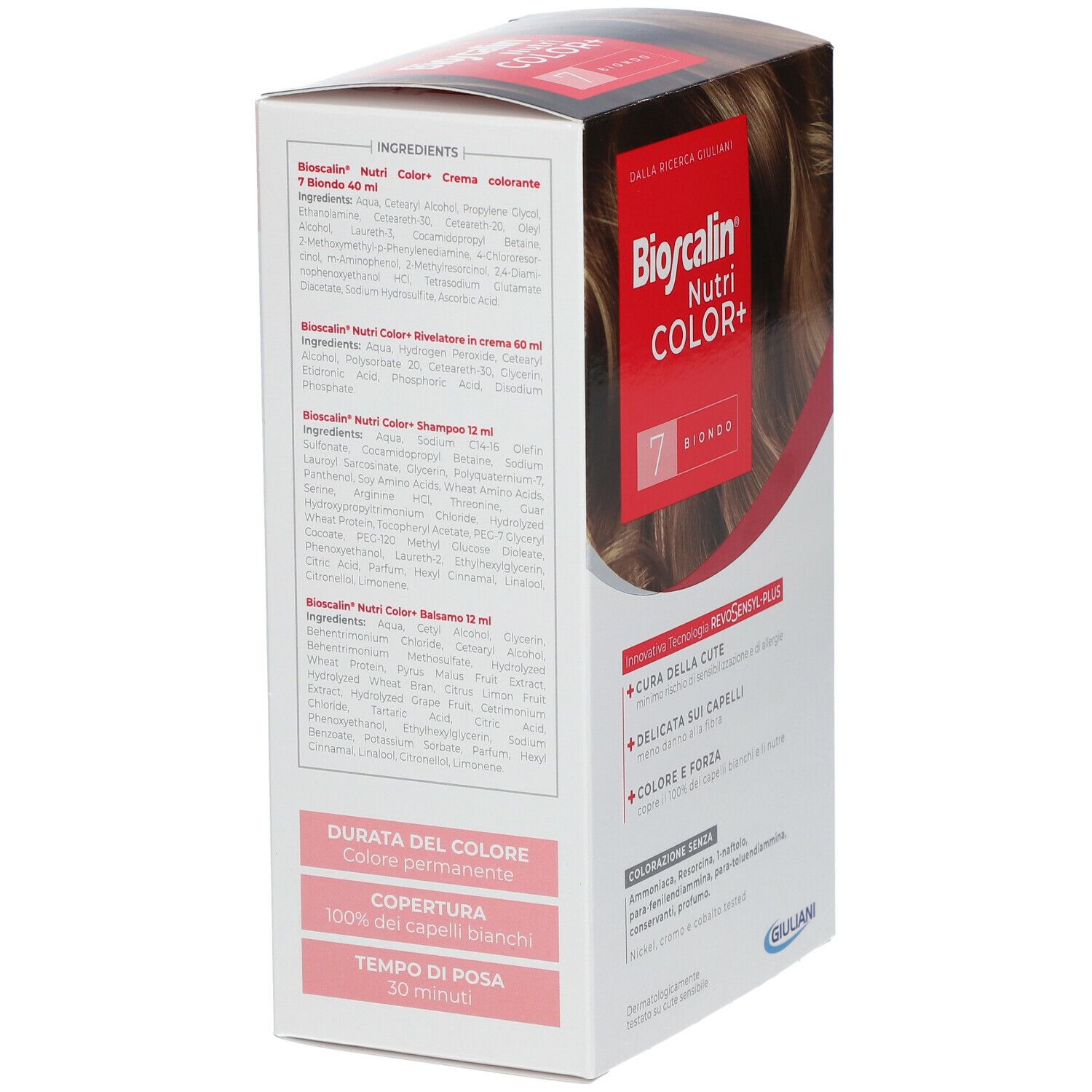 Confezione Bioscalin Nutri COLOR+ 7 Blond. Retro con ingredienti e informazioni sul prodotto. Vista angolata.