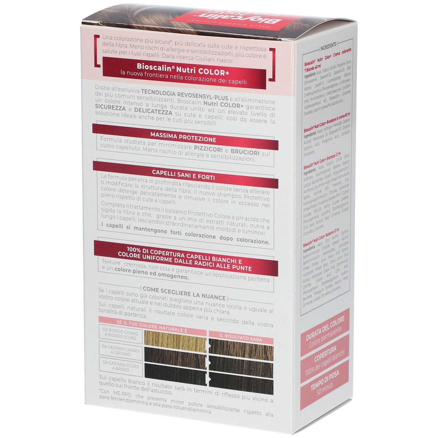 Confezione Bioscalin Nutri COLOR+ 7 Blond. Retro con informazioni prodotto. Vista angolata. Testo su durata e copertura.