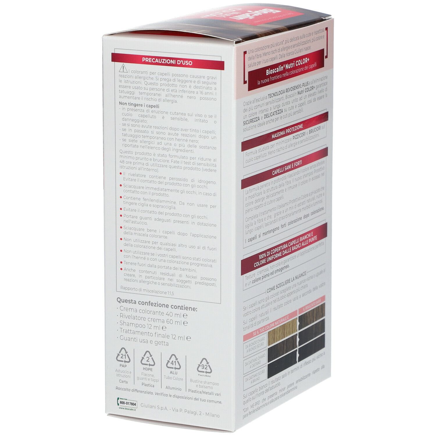 Confezione Bioscalin Nutri COLOR+ 7 Blond. Retro con precauzioni e ingredienti. Vista angolata.