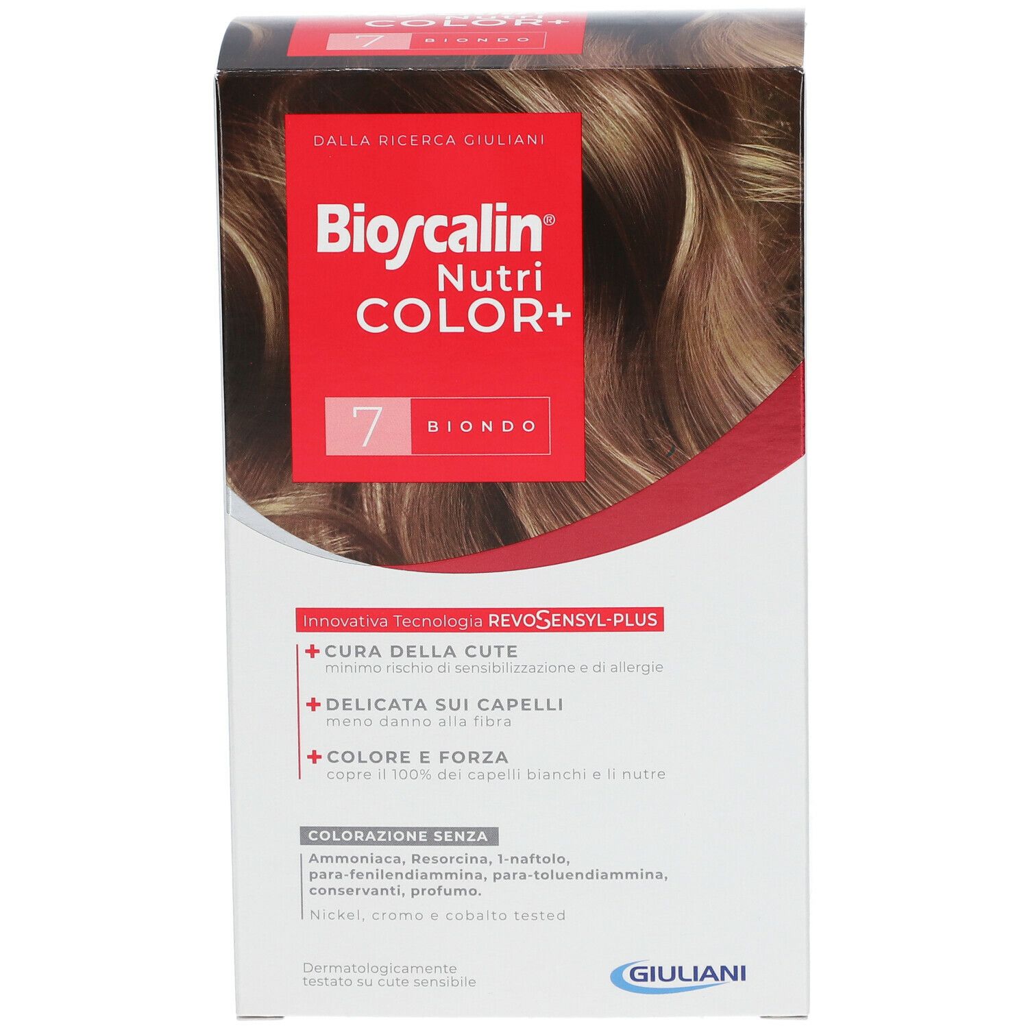 Confezione Bioscalin Nutri COLOR+ 7 Blond. Confezione rossa e bianca con nome prodotto e colore capelli. Vista angolata.