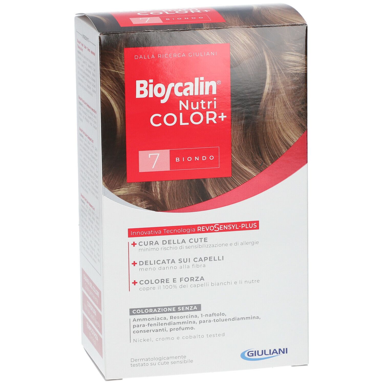 Confezione Bioscalin Nutri COLOR+ 7 Blond. Confezione rossa e bianca con nome prodotto e colore capelli. Vista angolata.