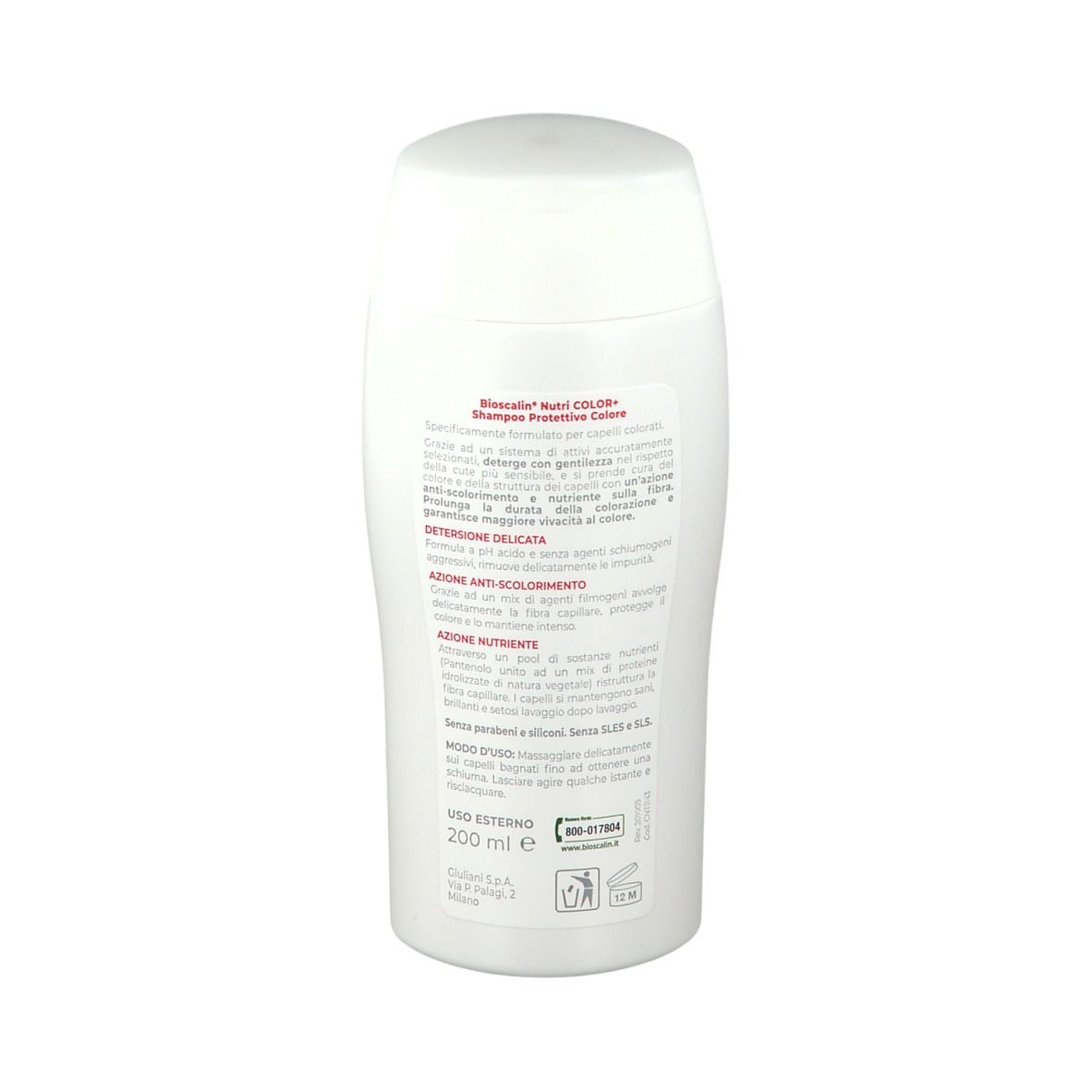 Retro del flacone bianco. Testo: Informazioni sul prodotto, ingredienti, istruzioni per l'uso. 200 ml.