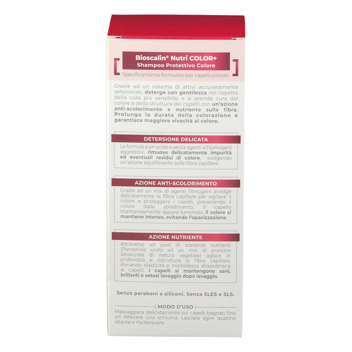 Retro della confezione. Testo: Descrizione del prodotto, istruzioni per l'uso, ingredienti, senza parabeni.