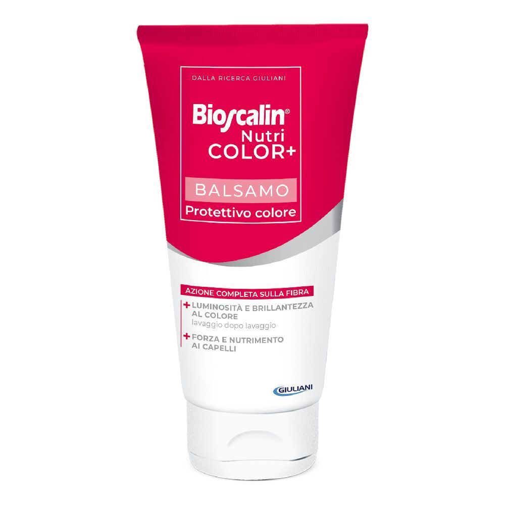Tubo rosso con base bianca. Scritta: Bioscalin Nutri Color+ Balsamo. Testo in italiano.
