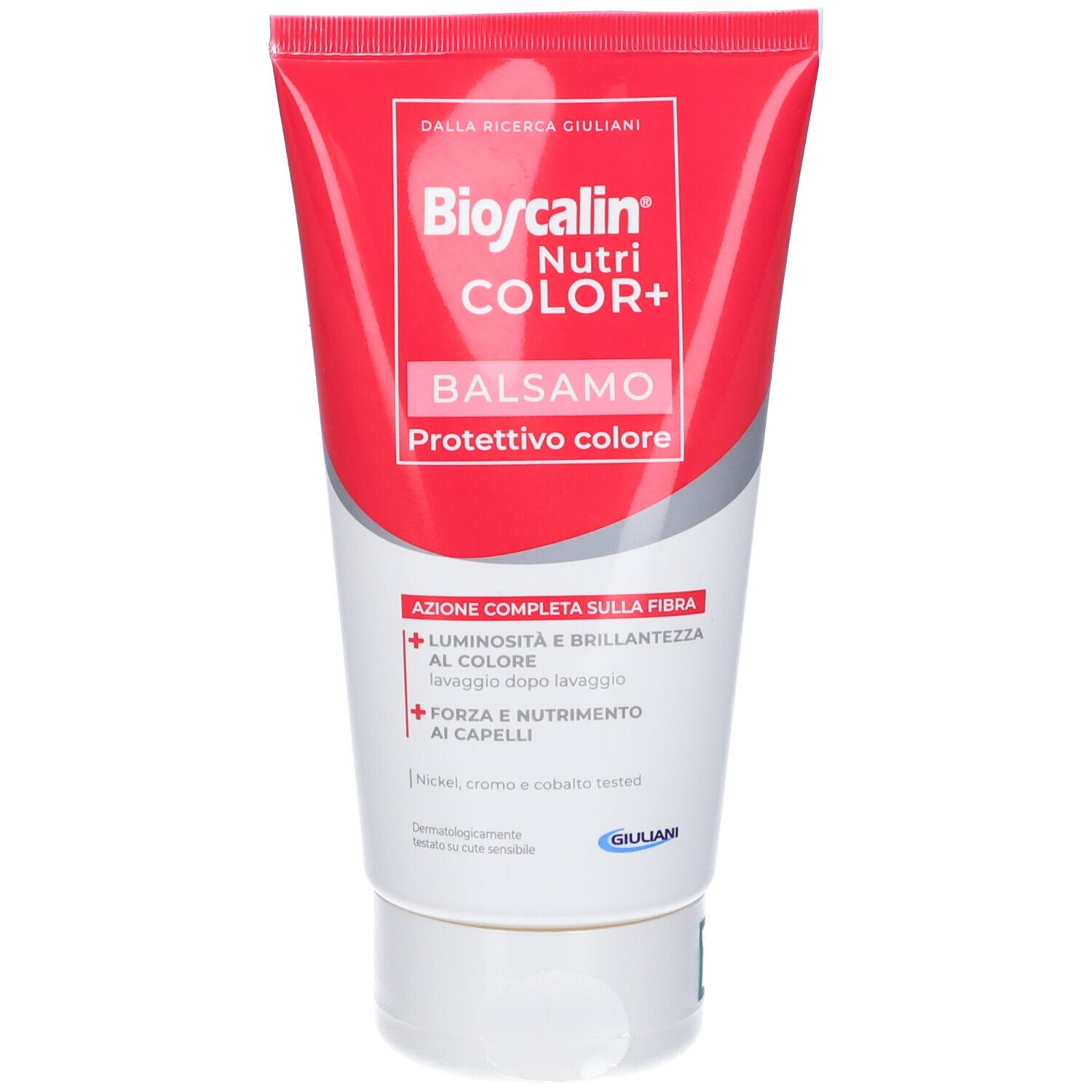 Tubo rosso con base bianca. Scritta: Bioscalin Nutri Color+ Balsamo. Testo in italiano.