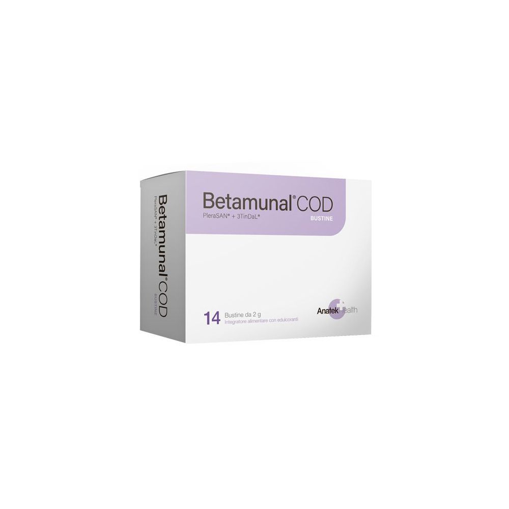 Scatola "Betamunal COD". 14 bustine. Confezione bianca e viola. Logo del produttore in basso a destra.