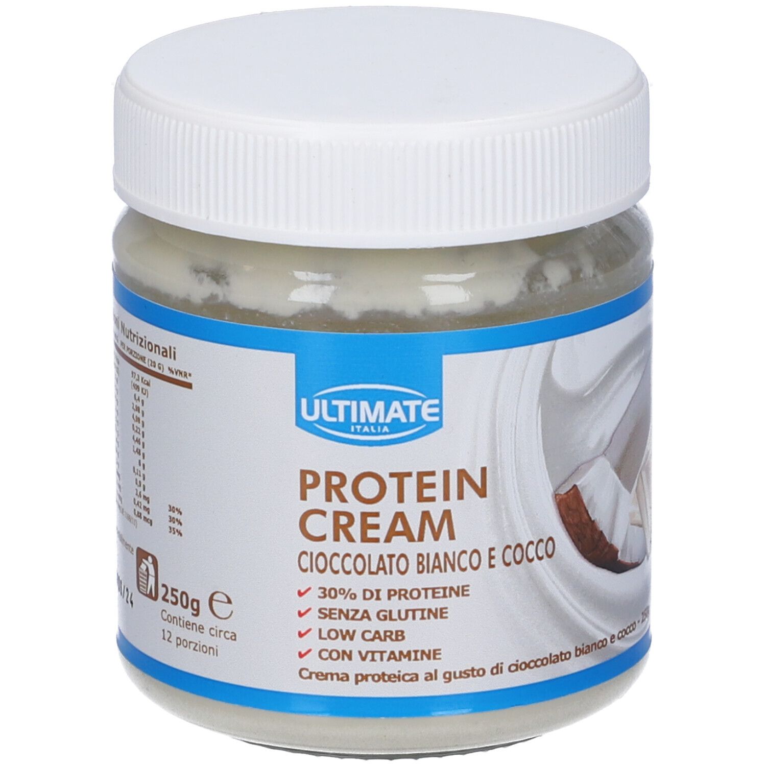 Barattolo di crema proteica ULTIMATE. Scritta: Protein Cream Cioccolato Bianco e Cocco. 250g, 12 porzioni. 30% proteine, senza glutine.