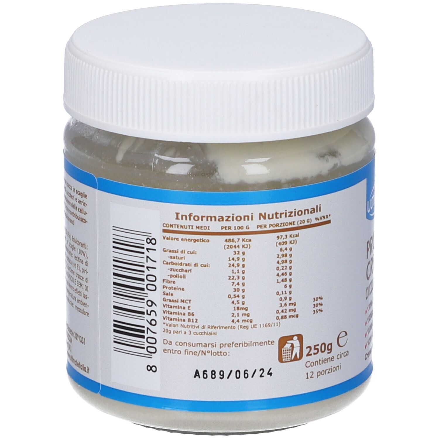 Retro del barattolo di crema proteica. Informazioni nutrizionali per 100g e per porzione. Scadenza: A689/06/24. 250g, 12 porzioni.