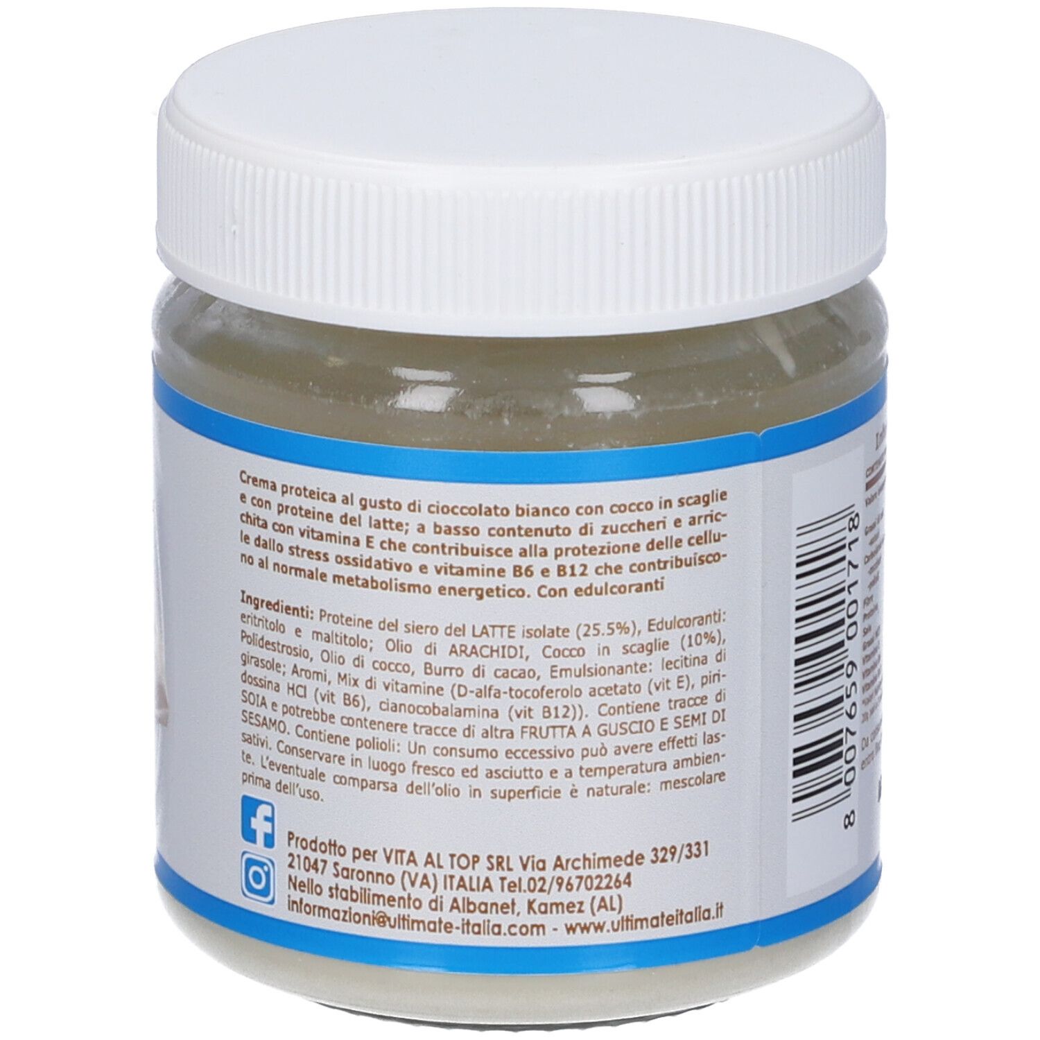 Retro del barattolo di crema proteica. Elenco ingredienti e informazioni produttore. Nome prodotto: ULTIMATE Protein Cream Cioccolato Bianco e Cocco.