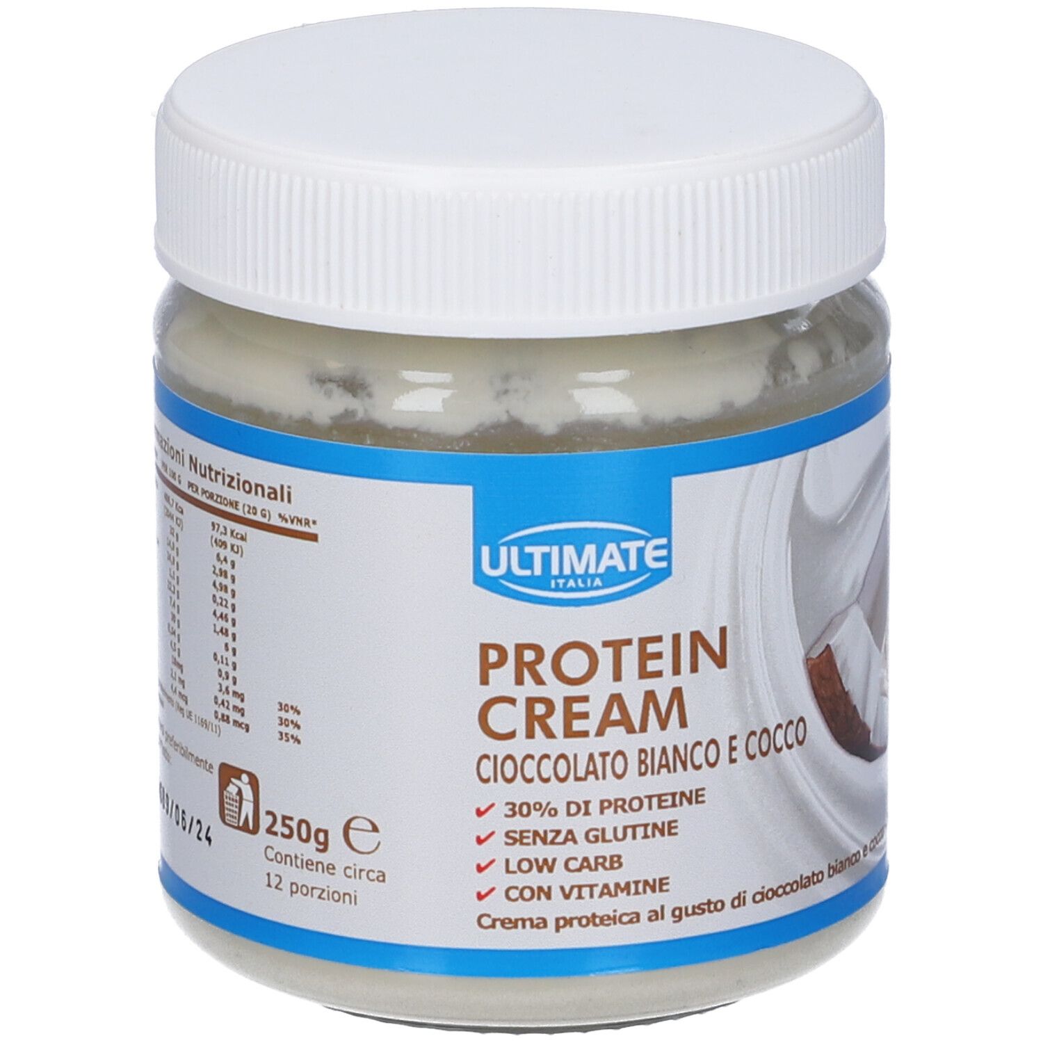 Barattolo di crema proteica ULTIMATE. Scritta: Protein Cream Cioccolato Bianco e Cocco. 250g, 12 porzioni. 30% proteine, senza glutine.