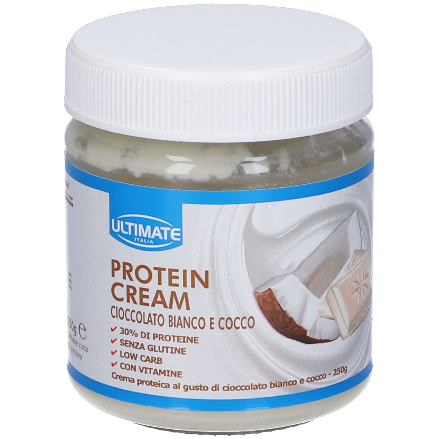 Barattolo di crema proteica ULTIMATE. Scritta: Protein Cream Cioccolato Bianco e Cocco. 250g. 30% proteine, senza glutine, low carb.