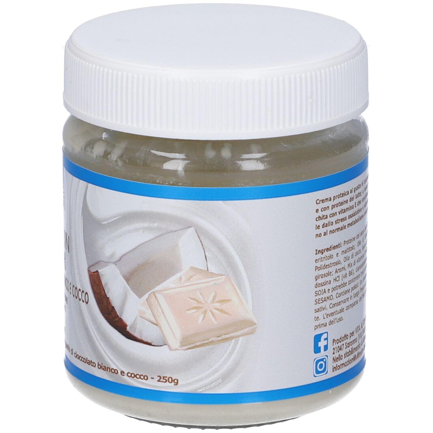 Retro del barattolo di crema proteica. Elenco ingredienti e informazioni produttore. Nome prodotto: ULTIMATE Protein Cream Cioccolato Bianco e Cocco.
