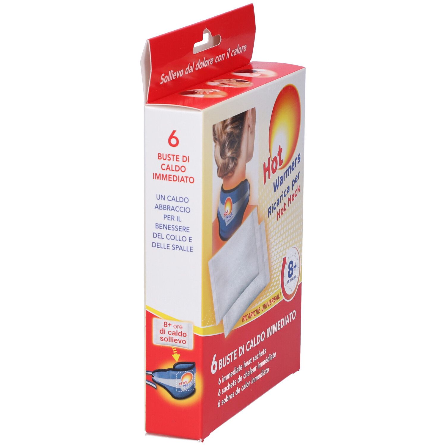 Confezione con 6 buste di calore per il collo. Prodotto: Hot Warmers Ricarica per Hot Neck. Vista laterale.