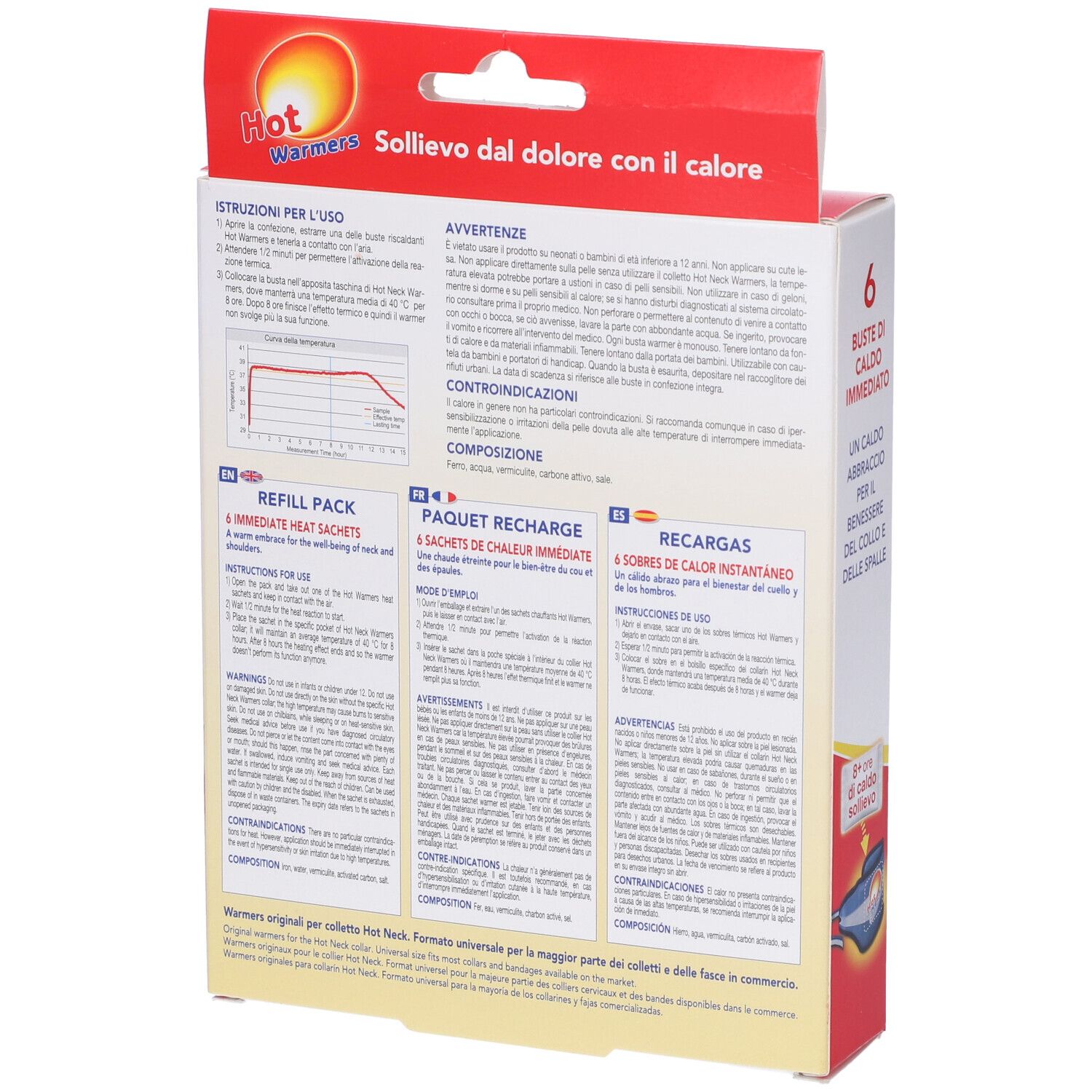 Retro della confezione con informazioni sulle buste di calore. Prodotto: Hot Warmers Ricarica per Hot Neck.