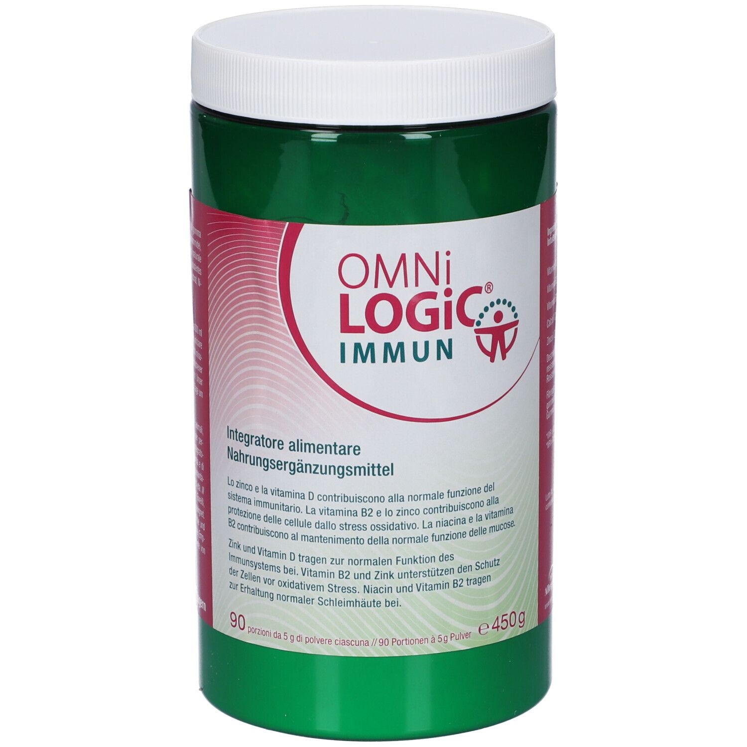 Grüner Behälter mit weißem Deckel, Omni Logic Immun Aufschrift, 450g Pulver.