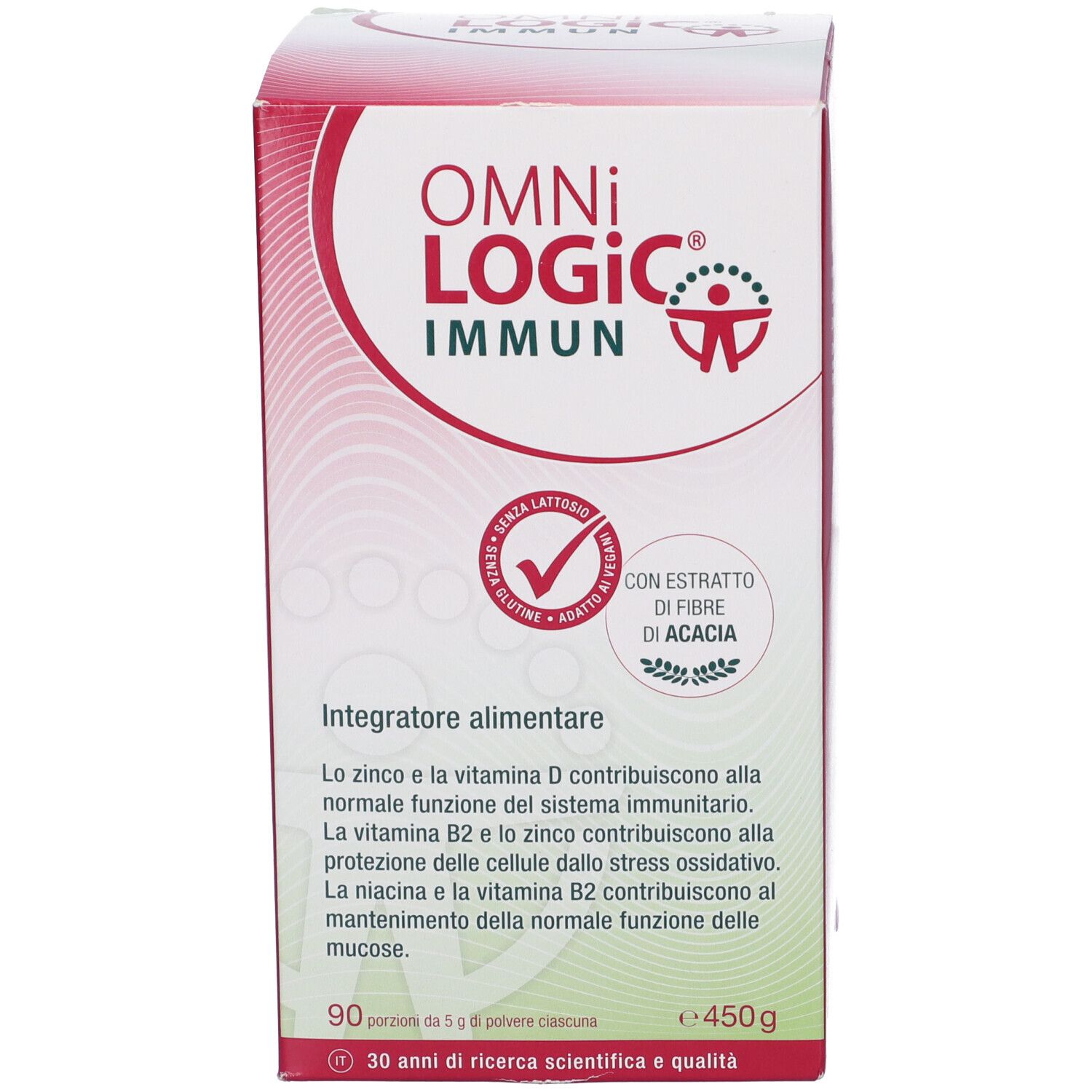 Verpackungsschachtel Omni Logic Immun mit Hinweisen zu Inhaltsstoffen und Menge.