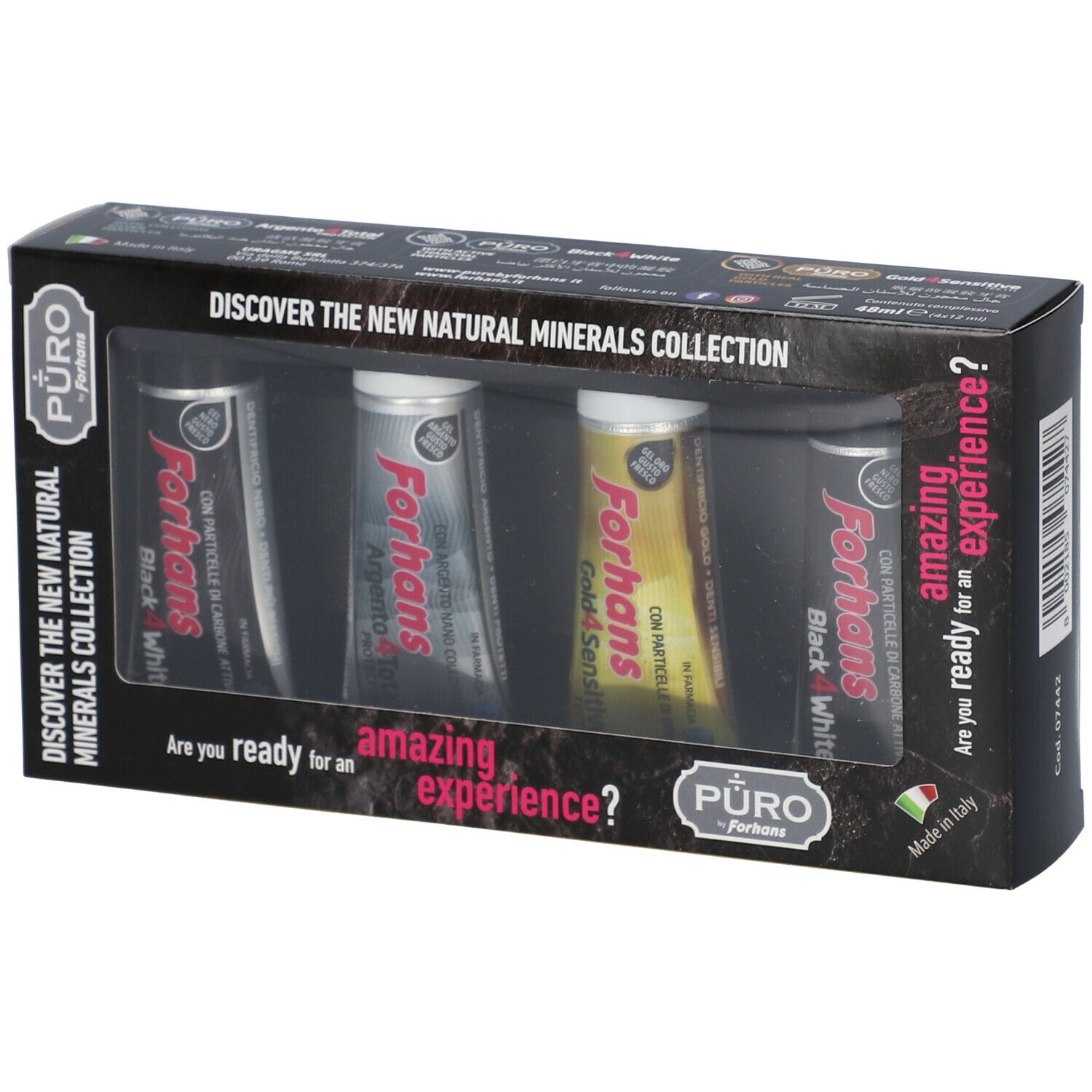 Confezione di dentifrici Forhans. Quattro tubetti in un cofanetto nero.