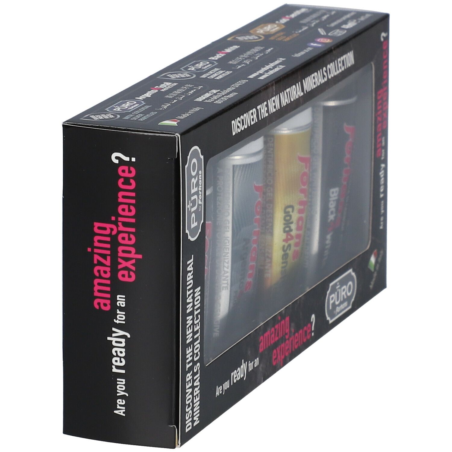 Scatola nera con quattro tubetti di dentifricio. Scritta "Discover the New Natural Minerals Collection".