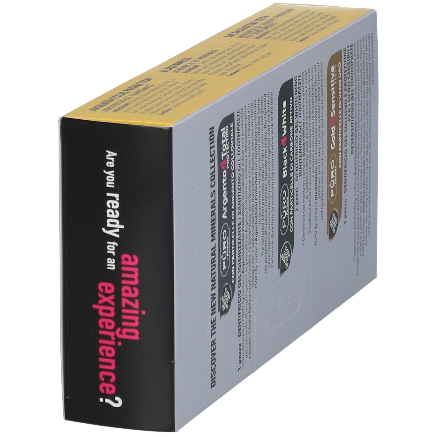 Scatola di dentifricio con la scritta "Discover the New Natural Minerals Collection" sul lato.