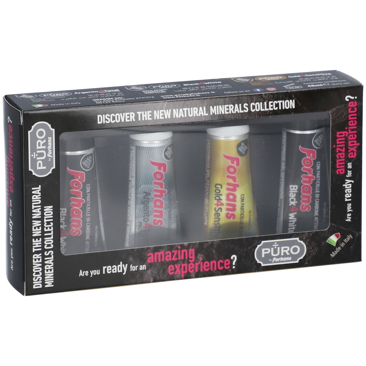 Confezione di dentifrici Forhans. Quattro tubetti in un cofanetto nero.