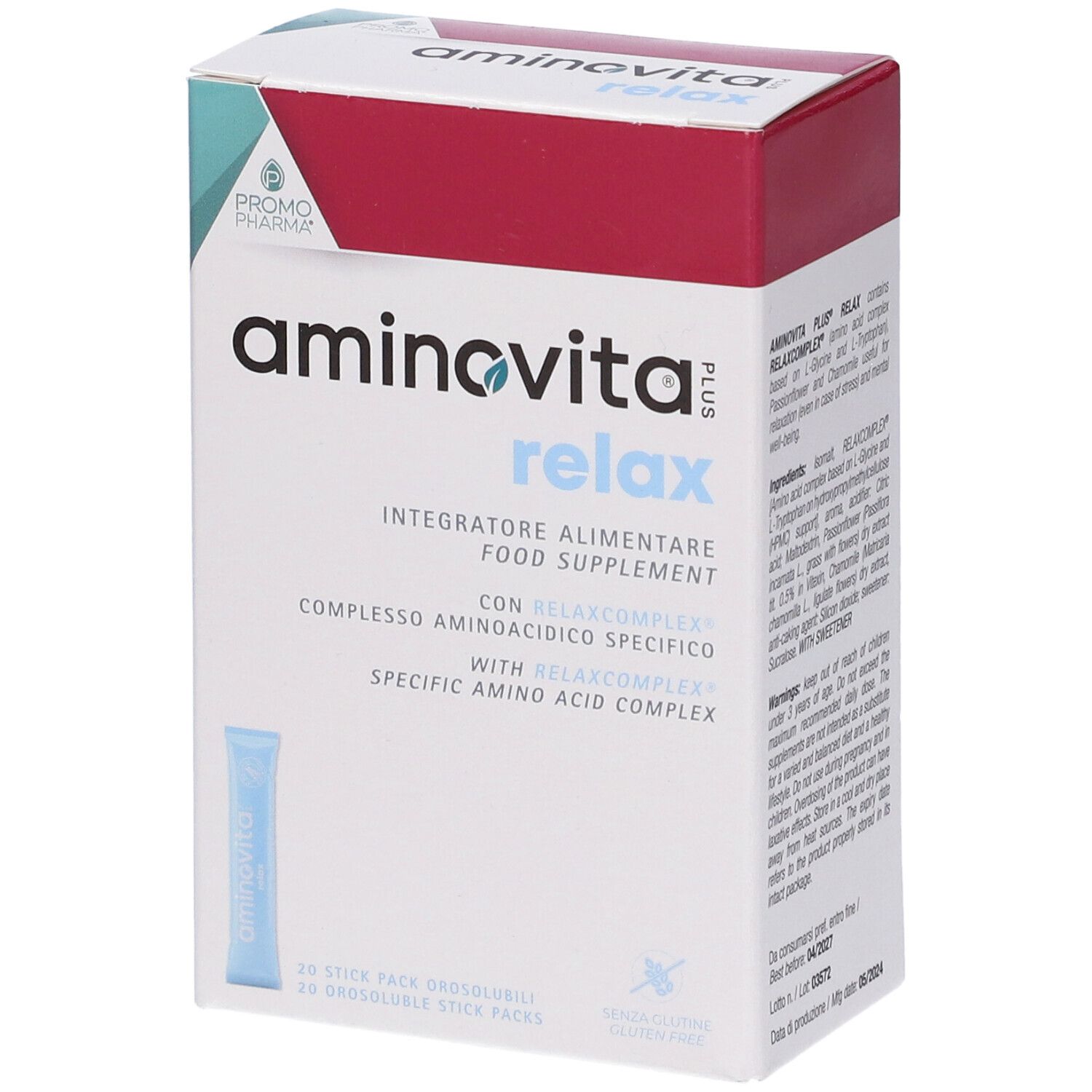Confezione aminovita relax plus. Contiene 20 stick. Marchio Promo Pharma. Uno stick davanti alla confezione.