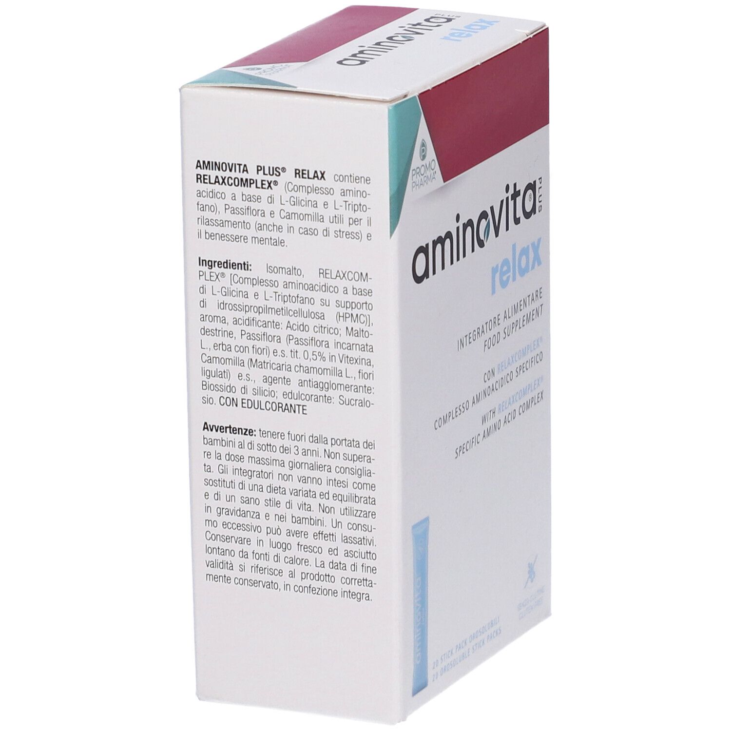 Retro della confezione aminovita relax plus. Testo sugli ingredienti e l'uso. Marchio Promo Pharma.