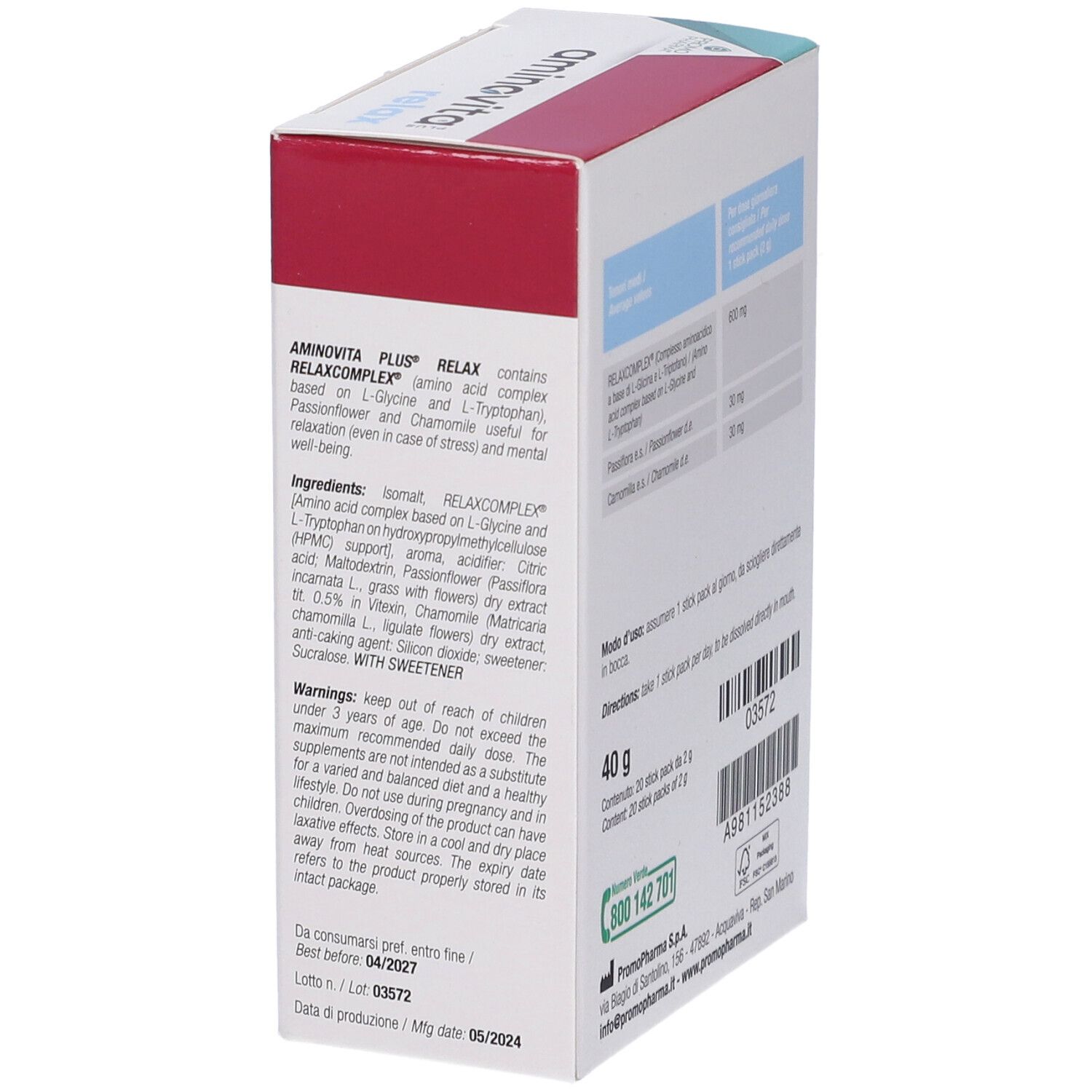 Confezione aminovita relax plus. Contiene 20 stick. Avvertenze e data di scadenza. Marchio Promo Pharma.