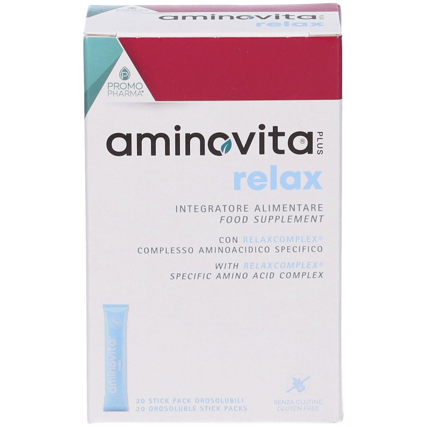Confezione aminovita relax plus. Contiene 20 stick. Marchio Promo Pharma. Nome del prodotto e logo.