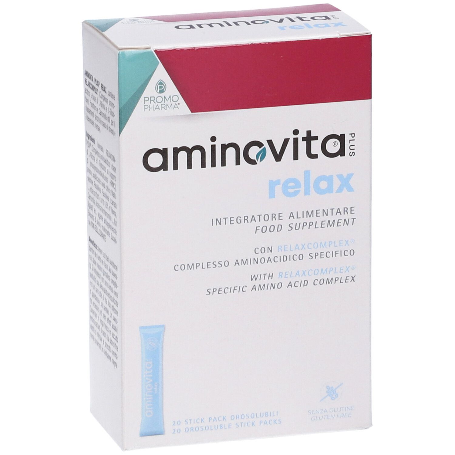 Confezione aminovita relax plus. Contiene 20 stick. Marchio Promo Pharma. Nome del prodotto e logo.