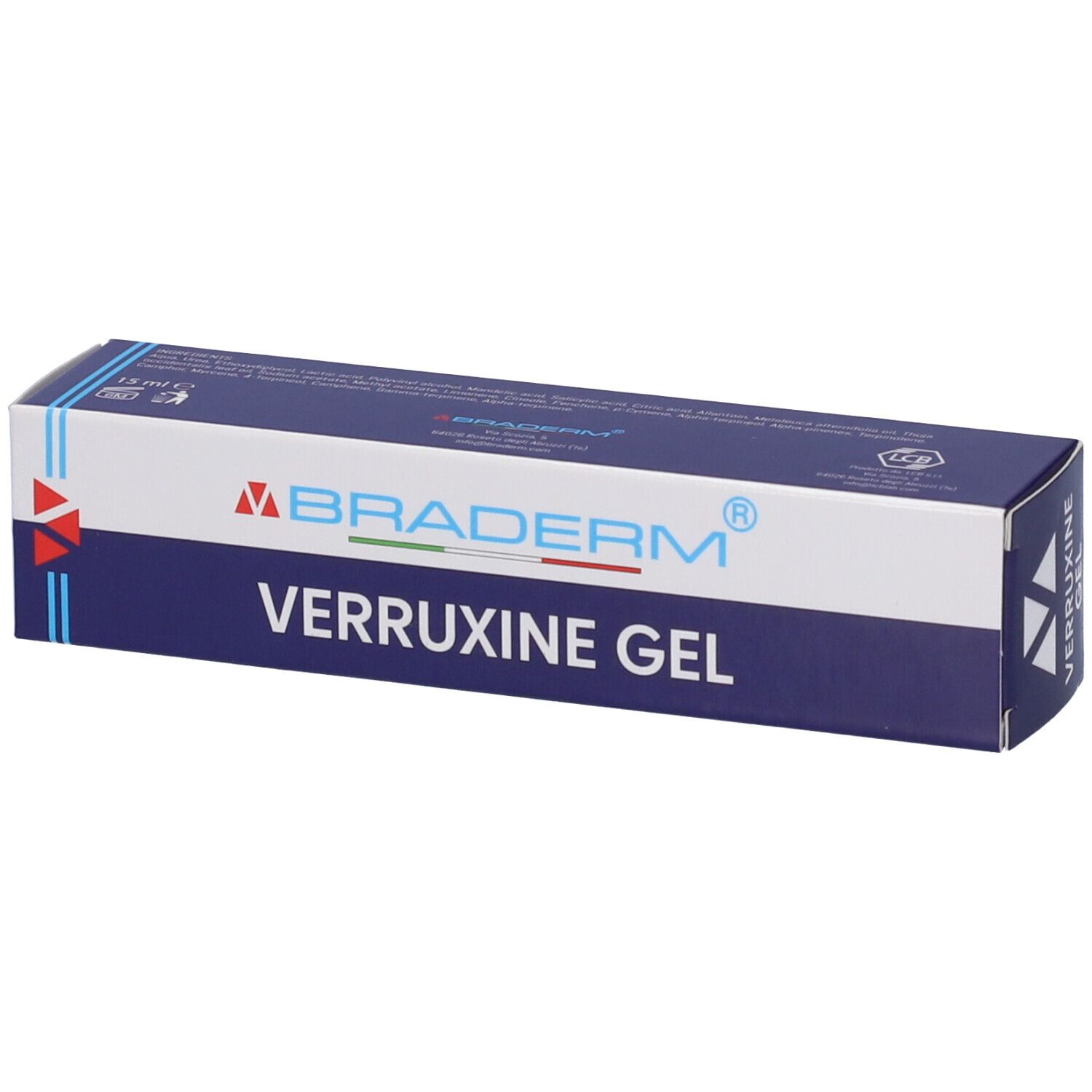 Confezione di gel Verruxine Braderm. Scatola blu con logo bianco e nome del prodotto. Contiene 15 ml.