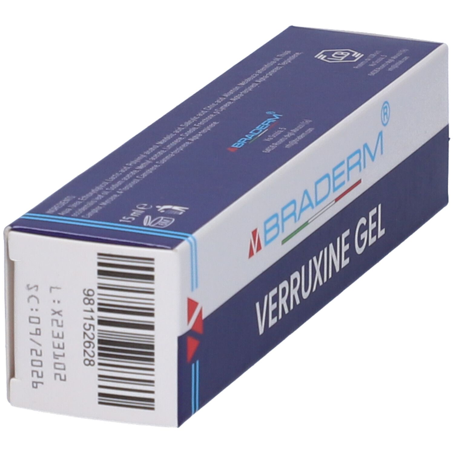 Scatola di gel Verruxine. Confezione blu con logo bianco e nome del prodotto. Contiene 15 ml. Stampa con numero di lotto.