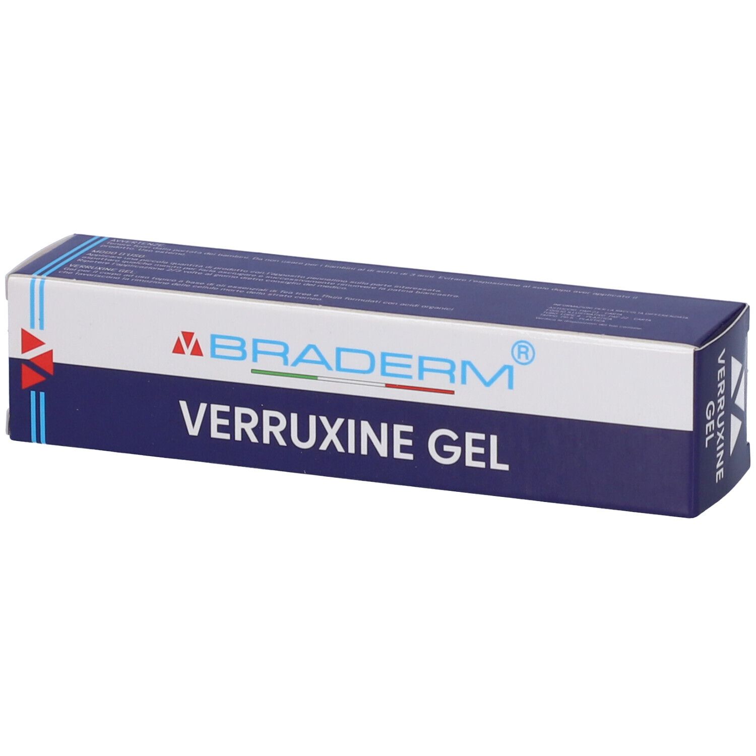 Confezione di gel Verruxine Braderm. Scatola blu con logo bianco e nome del prodotto. Contiene 15 ml.