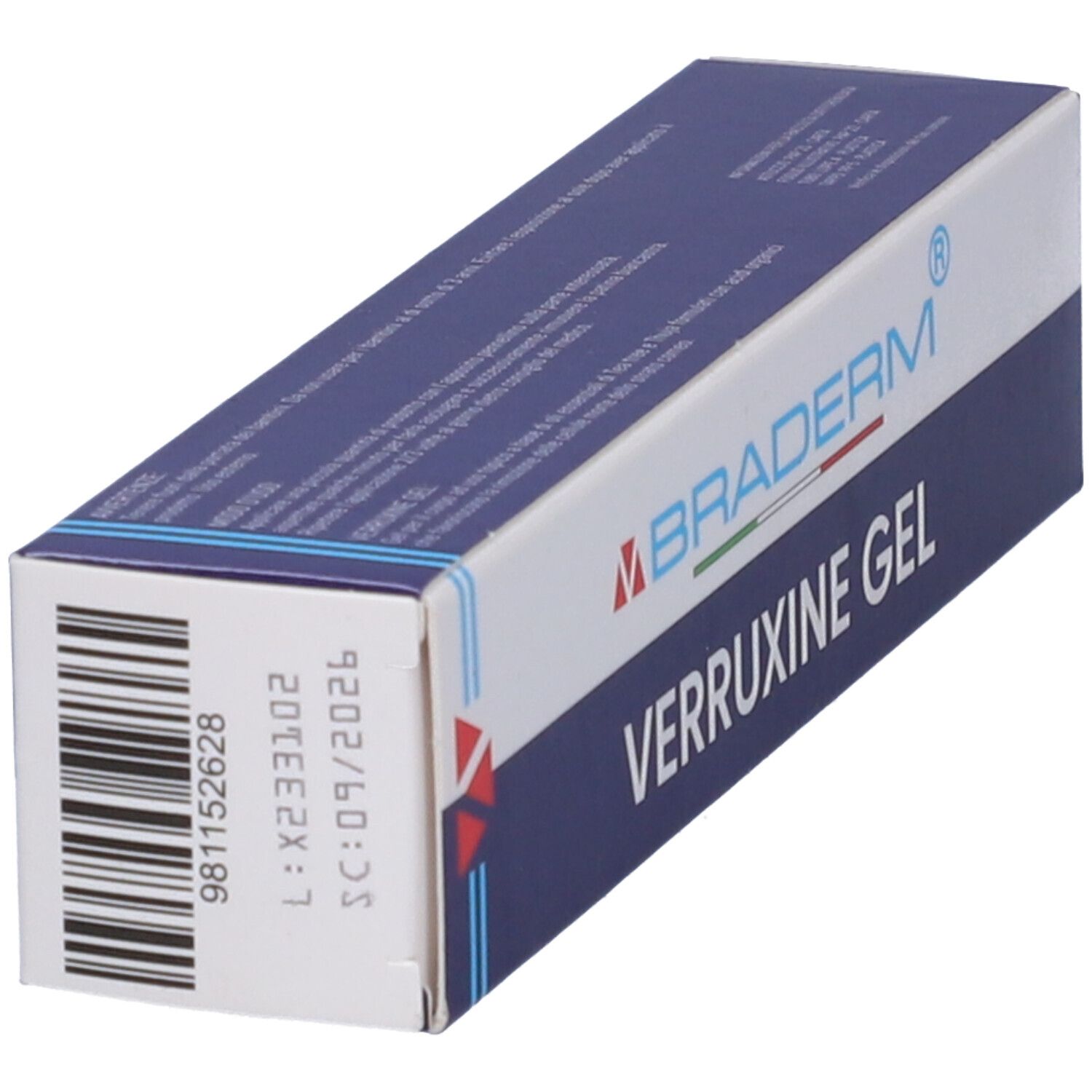 Scatola di gel Verruxine. Confezione blu con logo bianco e nome del prodotto. Contiene 15 ml. Stampa con numero di lotto.
