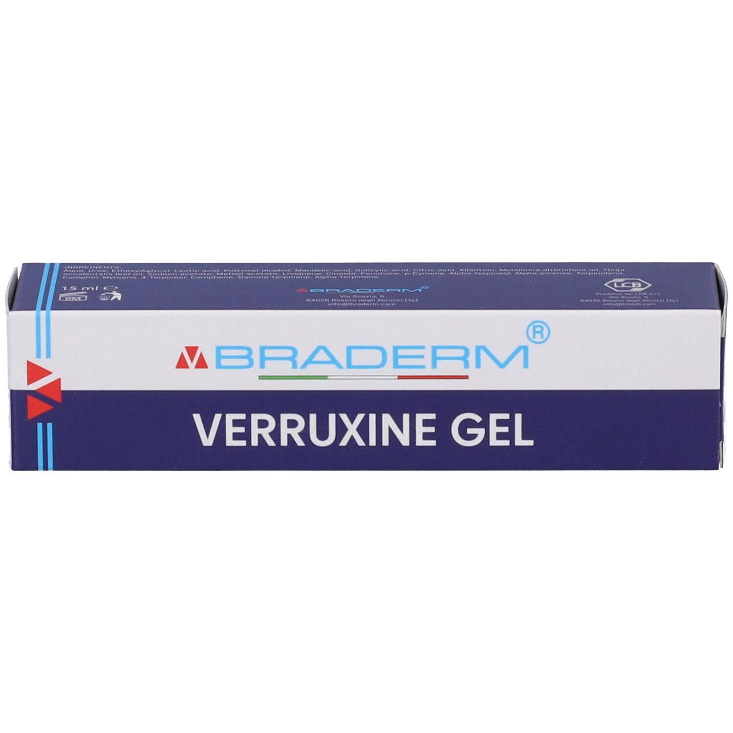 Confezione di gel Verruxine Braderm. Scatola blu con logo bianco e nome del prodotto. Contiene 15 ml.