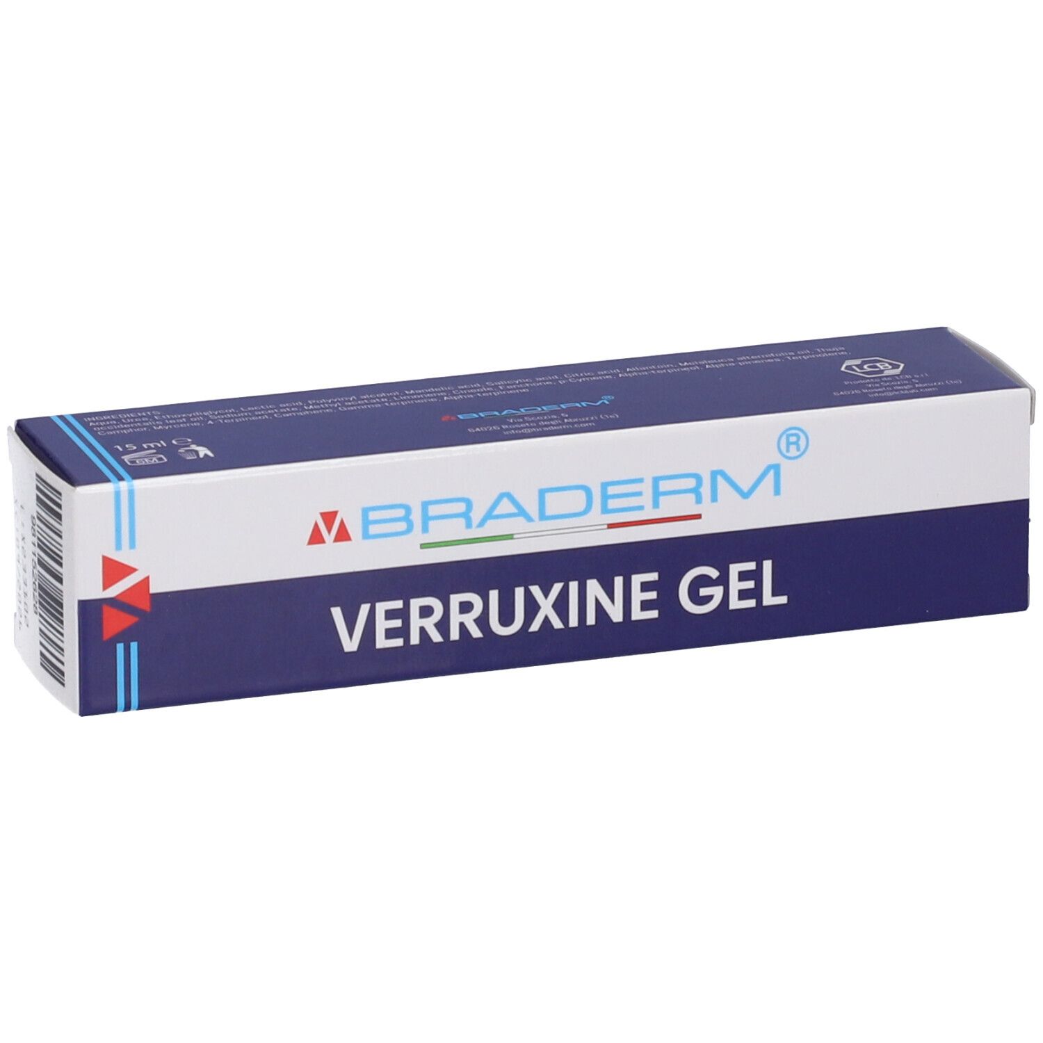 Confezione di gel Verruxine Braderm. Scatola blu con logo bianco e nome del prodotto. Contiene 15 ml.