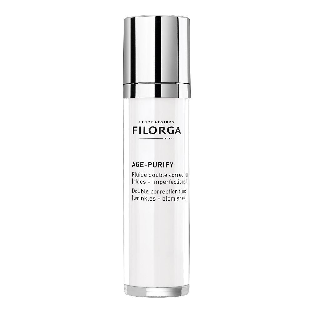 Flacone bianco con tappo argentato. Scritta: FILORGA, AGE-PURIFY, Fluido doppia correzione.