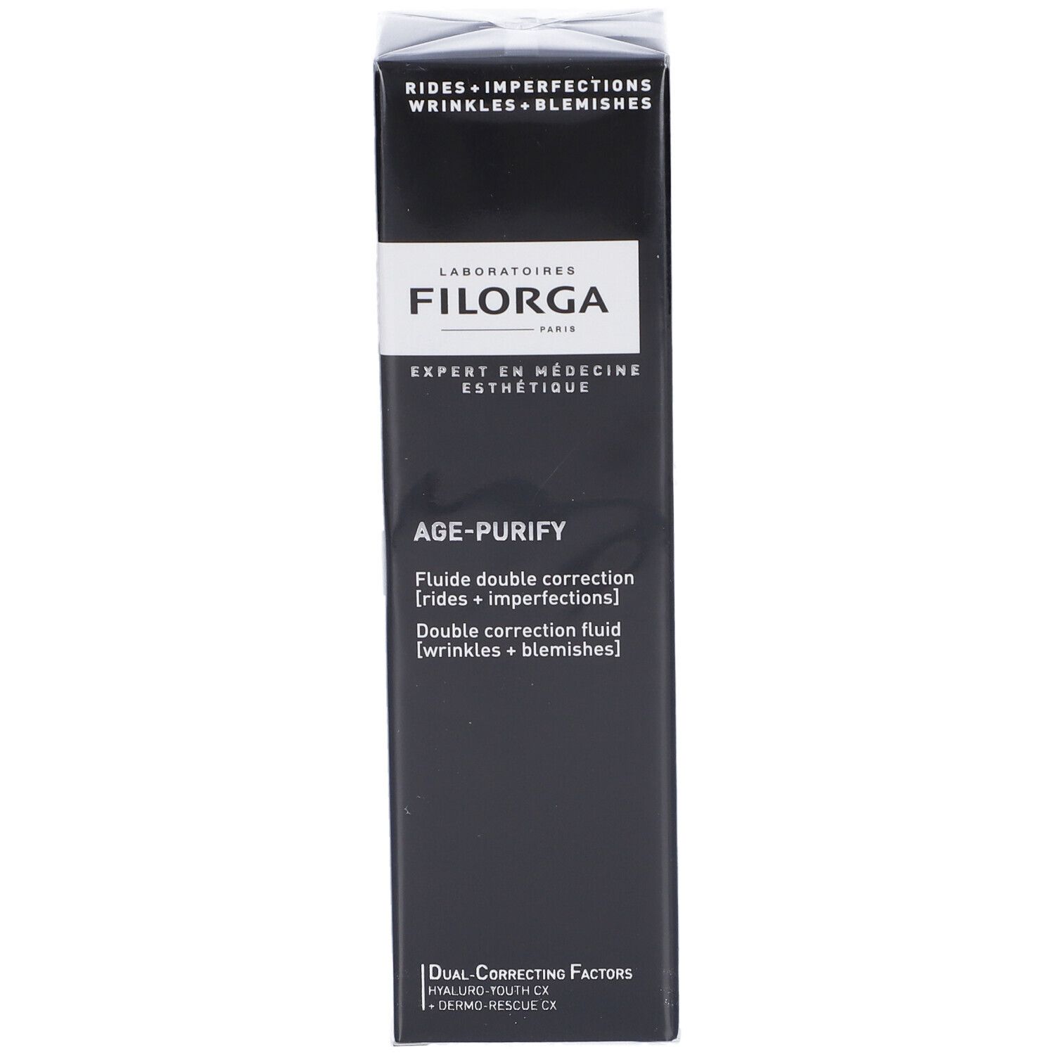 Confezione nera. Scritta: FILORGA, AGE-PURIFY, Fluido doppia correzione. Testo in più lingue.