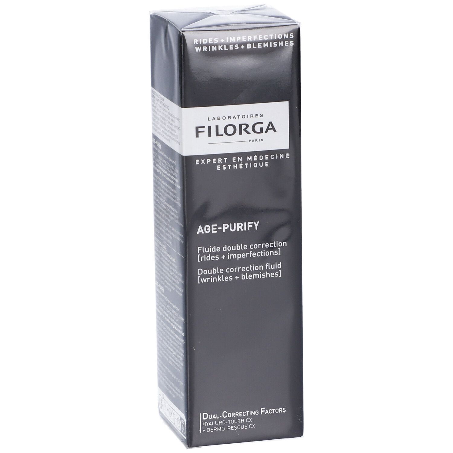 Confezione nera. Scritta: FILORGA, AGE-PURIFY, Fluido doppia correzione.