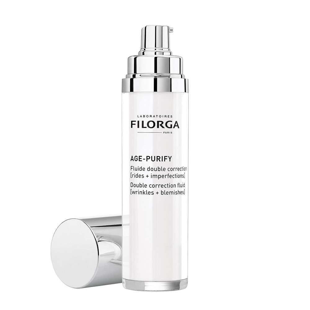 Flacone bianco con tappo argentato, tappo accanto. Scritta: FILORGA, AGE-PURIFY, Fluido doppia correzione.