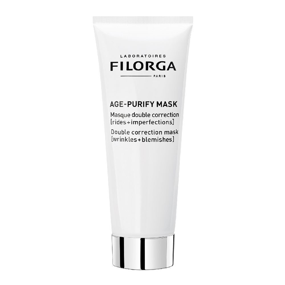 Tubo bianco con tappo argentato. Scritta: FILORGA, AGE-PURIFY MASK. Maschera doppia correzione.