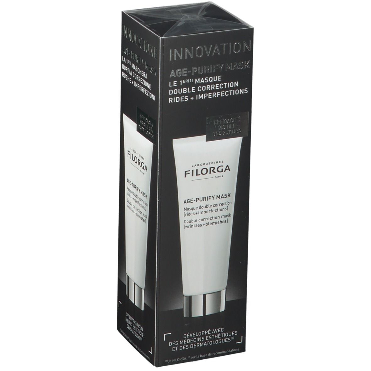 Confezione nera con tubo bianco. Scritta: FILORGA, AGE-PURIFY MASK. Maschera doppia correzione. Innovazione.