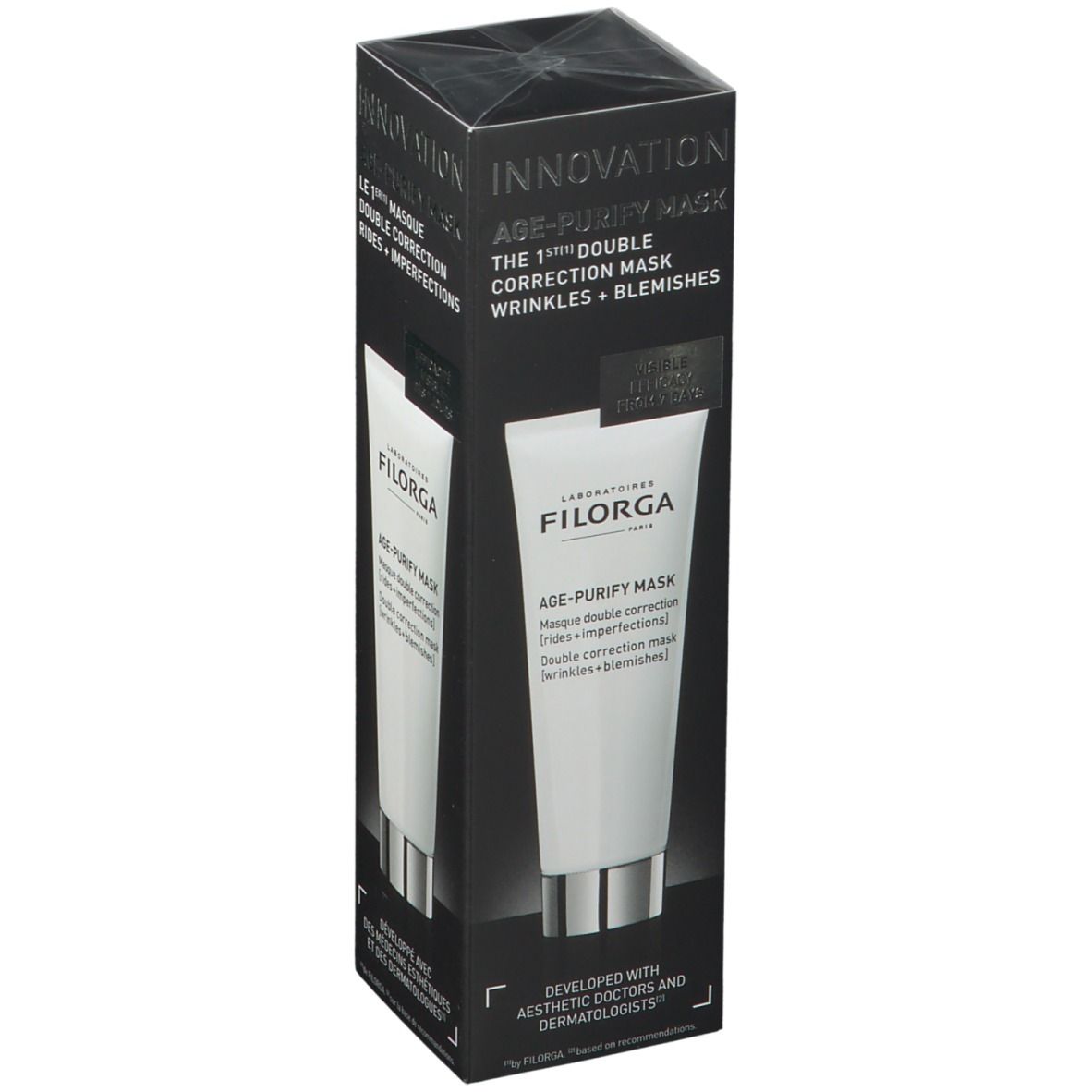 Confezione nera con tubo bianco. Scritta: FILORGA, AGE-PURIFY MASK. Maschera doppia correzione. Innovazione.
