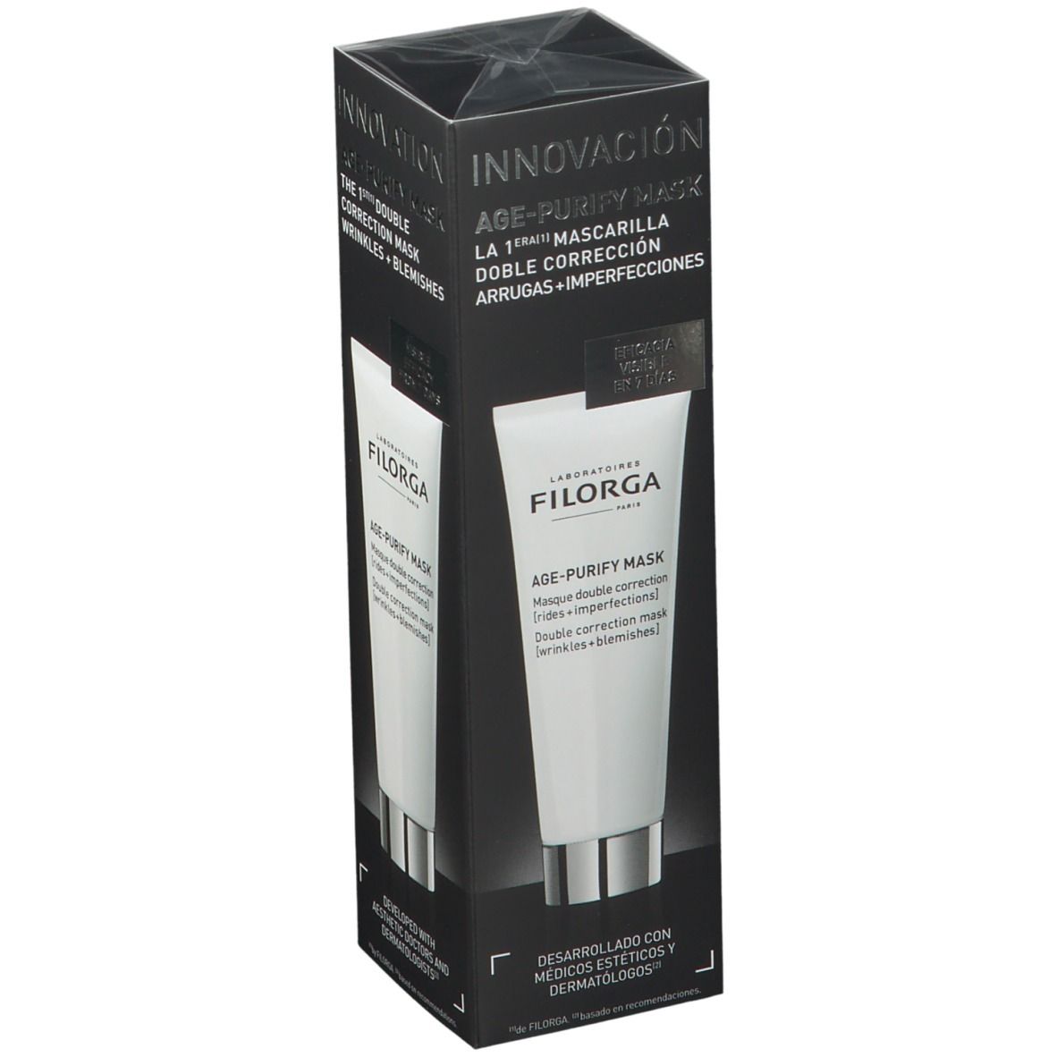 Confezione nera con tubo bianco. Scritta: FILORGA, AGE-PURIFY MASK. Maschera doppia correzione. Innovazione.