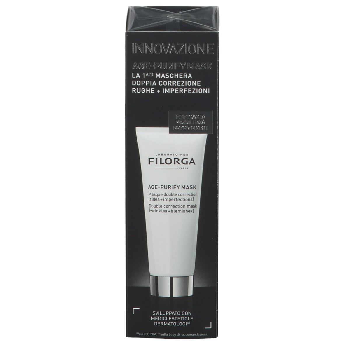 Confezione nera con tubo bianco. Scritta: FILORGA, AGE-PURIFY MASK. Maschera doppia correzione. Innovazione.