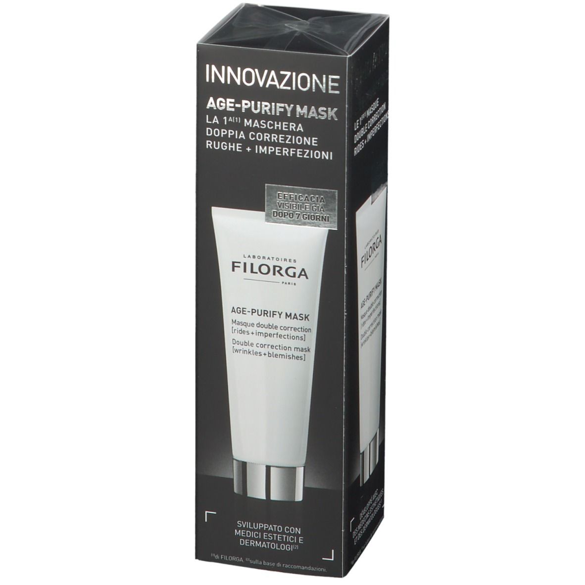 Confezione nera con tubo bianco. Scritta: FILORGA, AGE-PURIFY MASK. Maschera doppia correzione. Innovazione.